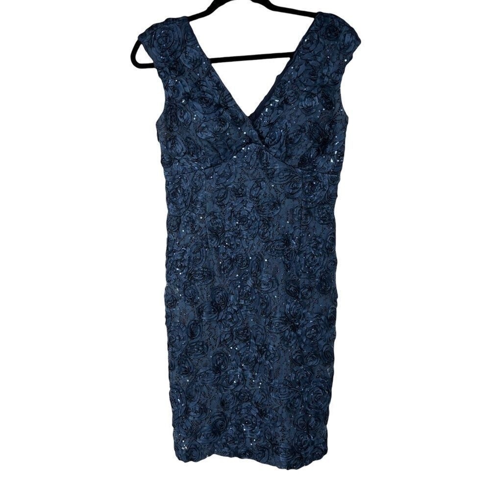 Marina Blue Sequin Rose V Neck Dress Womens 4 Sexy Bodycon
